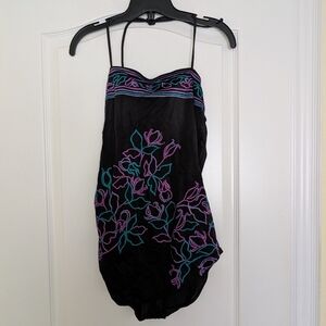 Floral Black Vintage Swimsuit with Purple and Blue Accents